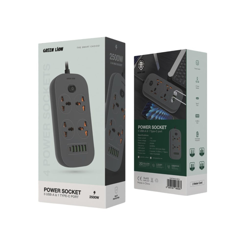 Green Lion Power Socket  5 USB - A & 1 Type-C 2 Meter 2500W