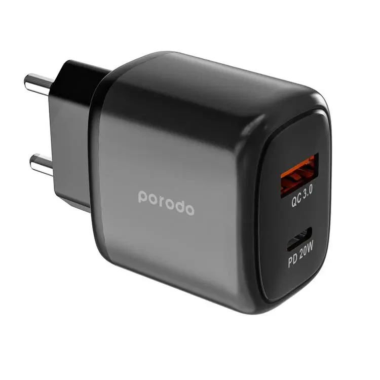 Porodo Dual Output Quick Charger EU USB-C PD And USB-A QC - Black