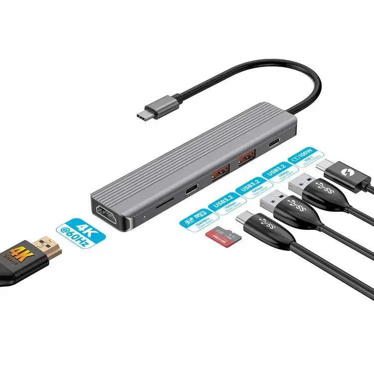 Powerology 6 in 1 Slim 4K HDMI USB-C Hub 10Gbps Data Transfer