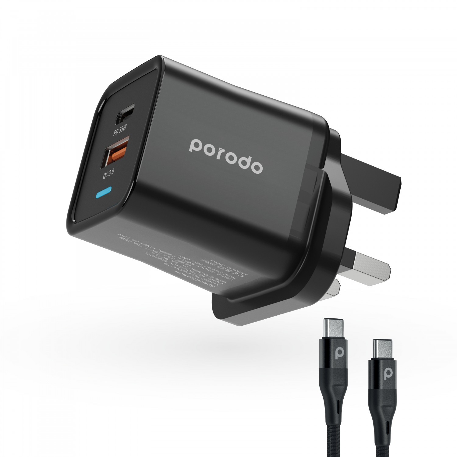 Porodo A+C 35W Wall Charger UK w/ Braided Type-C to Type-C Cable 1.2m - Black