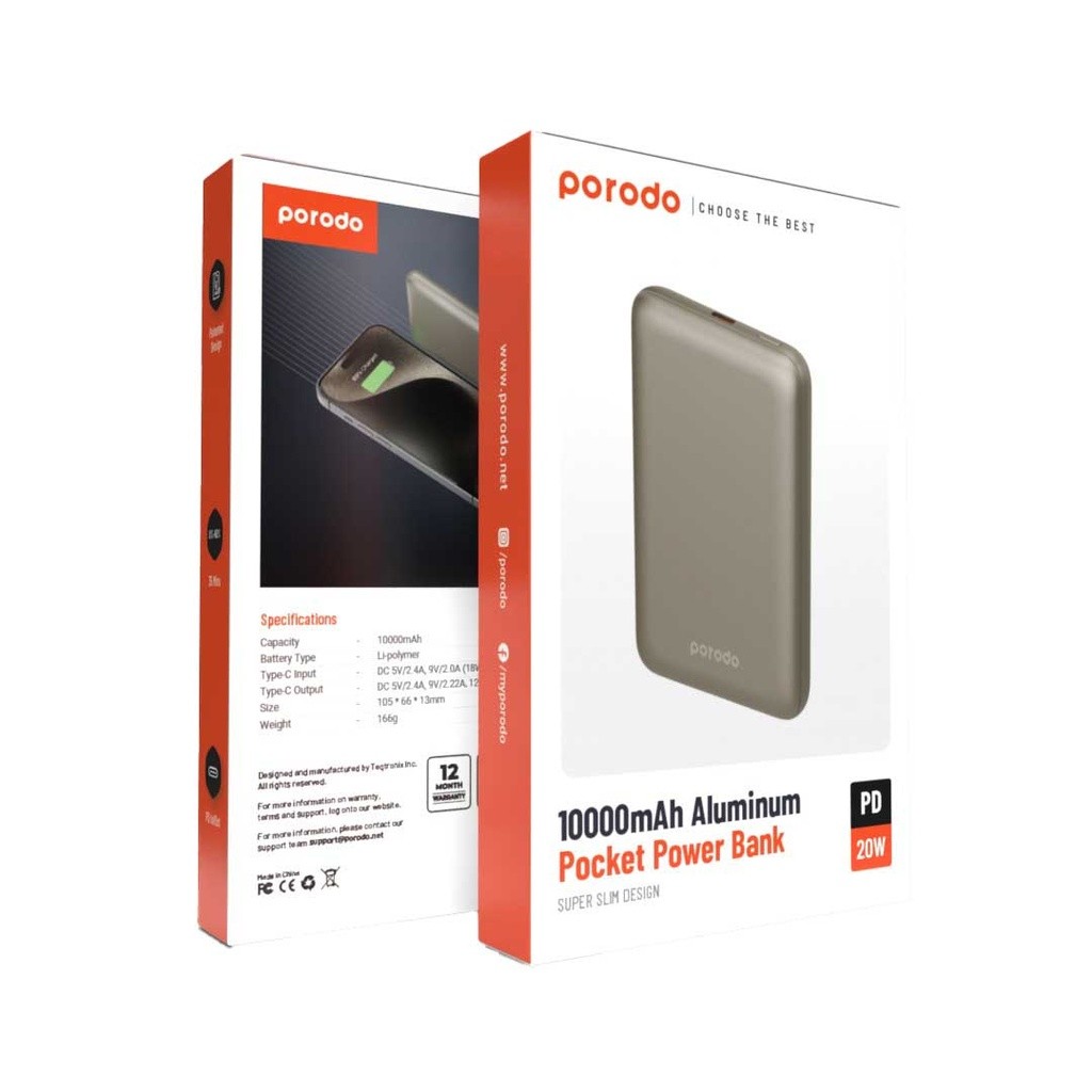 Porodo 10000mAh Aluminum Pocket Power Bank Super Slim Design