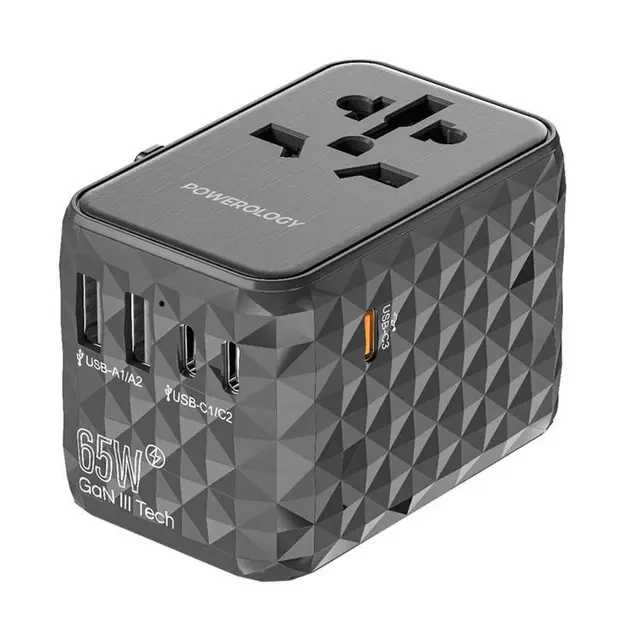 Powerology Universal Multi-Port GaN Travel Adapter 3x Type-C With 2x USB-A Ports 65W PD