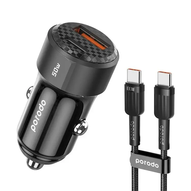 Porodo 50W Dual Port Car Charger Braided Cable Included Type-C to Type-C