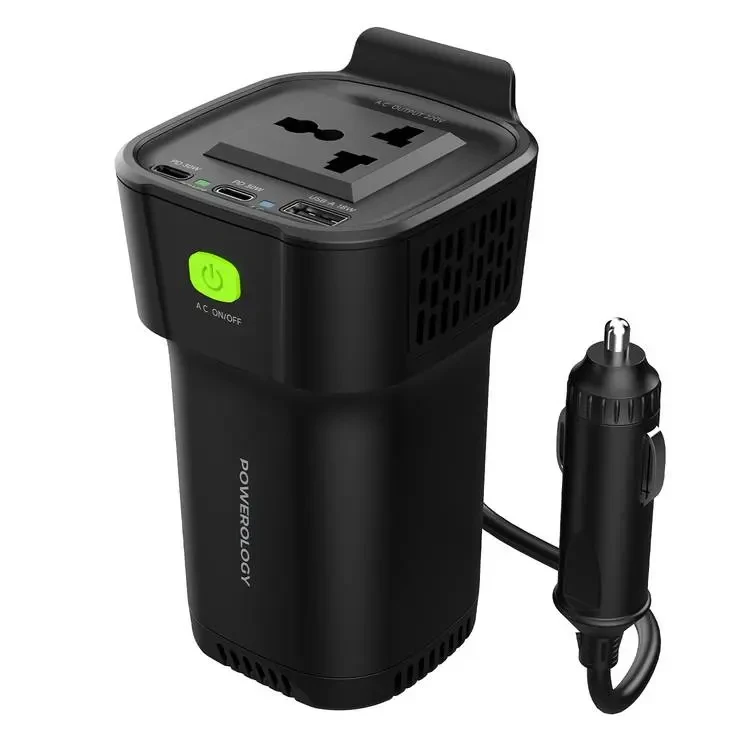 Powerology 150W Cup Holder Power Inverter Dual USB-C & USB-A QC3.0