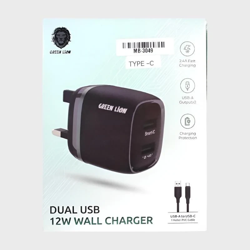 Green Lion Dual USB 12W Wall Charger With USB-A To Lightning Cable 1M UK