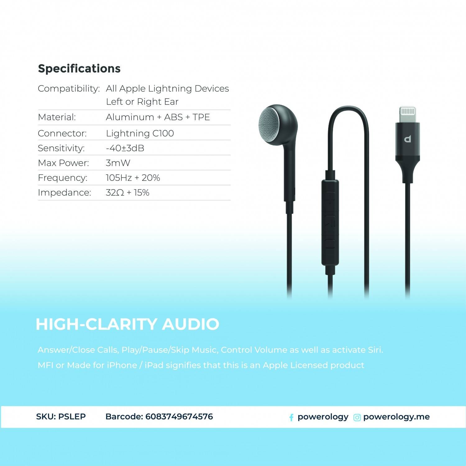 Powerology Mono Earphone Lightning Connector