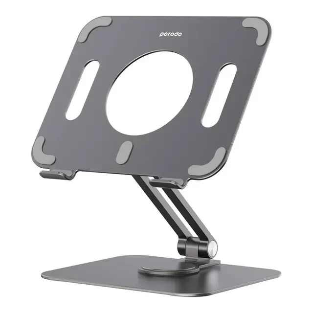 Porodo Tablet Stand with Aluminum Alloy Holder, Adjustable Angle, and 360° Rotation - Grey