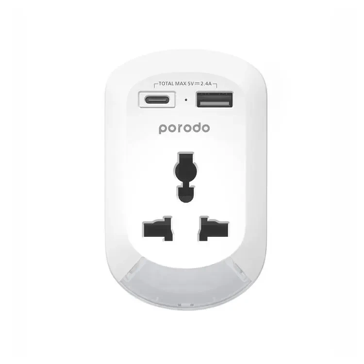 Porodo Universal AC Socket EU Plug Adapter Nightlight/USB-A /USB-C 2500W