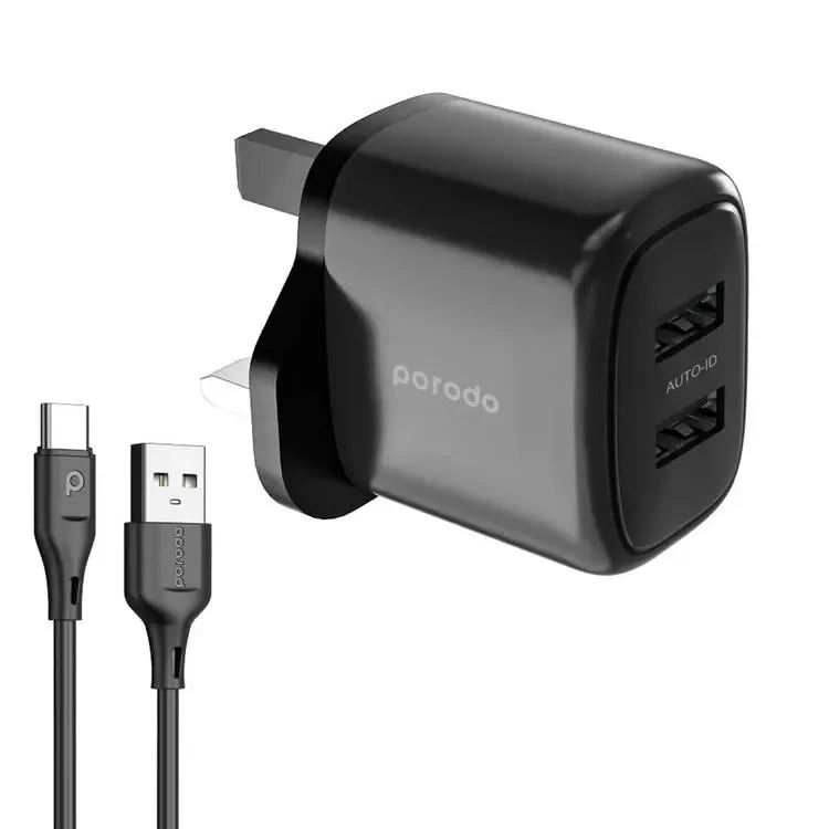 Porodo 12W Double USB 2.4A Charger UK with A-Type C 1.2M Cable - Black