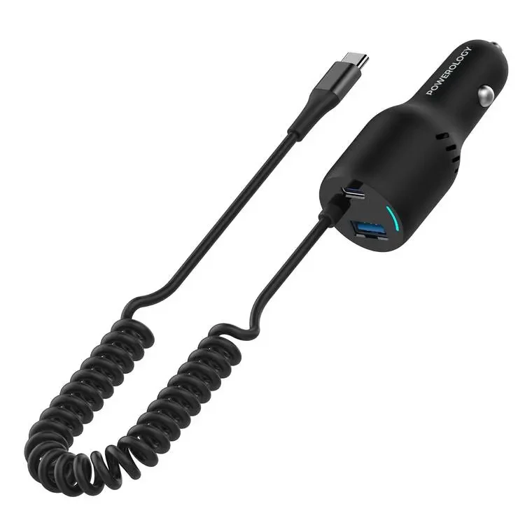 Powerology Triple Ports Car Charger With Type-C Cable -100W PD