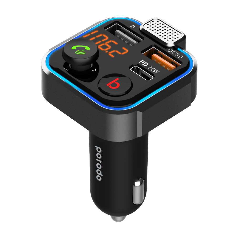 Porodo Smart Car Charger FM Transmitter with 24W PD Port & QC 3.0 - Black