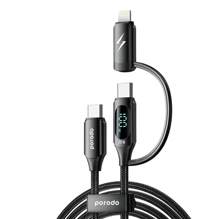 Porodo Dual-Connector Type-C Fast Charging Cable With Power Display 1.2m