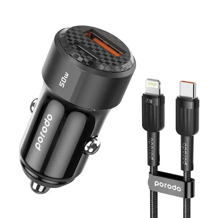 Porodo 50W Dual Port Car Charger Braided Cable Included Type-C to Lightning