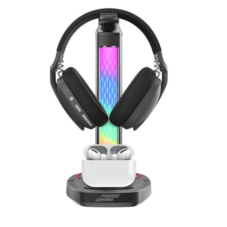 Porodo Gaming Headphone Stand Wireless Charging & USB-C Hub With 4 Modes RGB Lighting