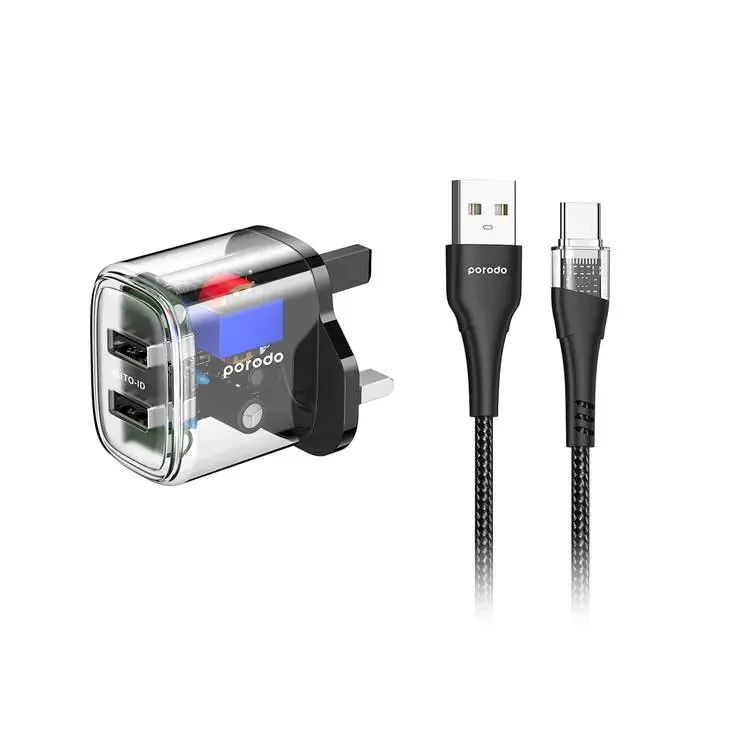 Porodo Dual Output Transparent Charger With 2.4A Auto ID Technology With USB-A To Type-C Cable 1.2m UK