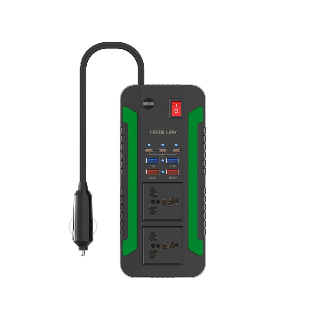 Green Lion Spark 300 Power Inverter 300W( 2 AC+2 USB-A 3.4A+3 PD 20W+2 QC 3.0 )- Black