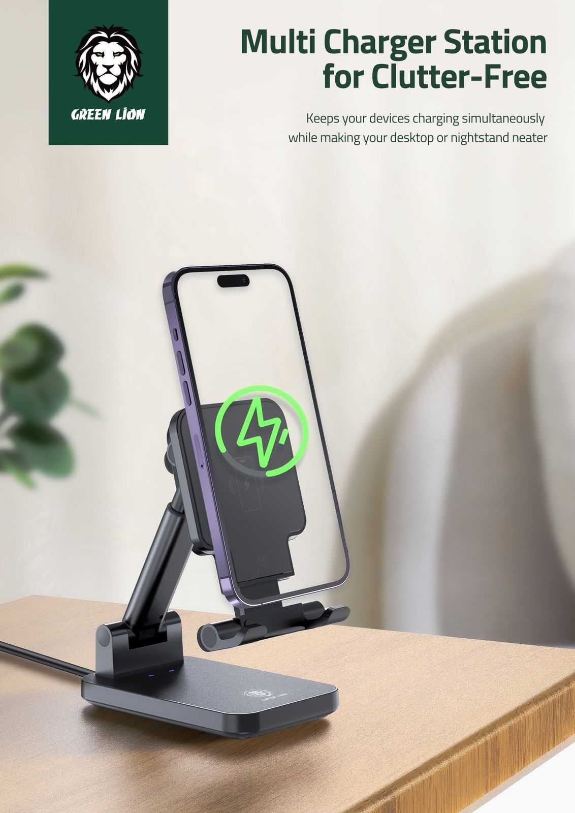 Green Lion Foldable Wireless Charging Stand 15W - Black