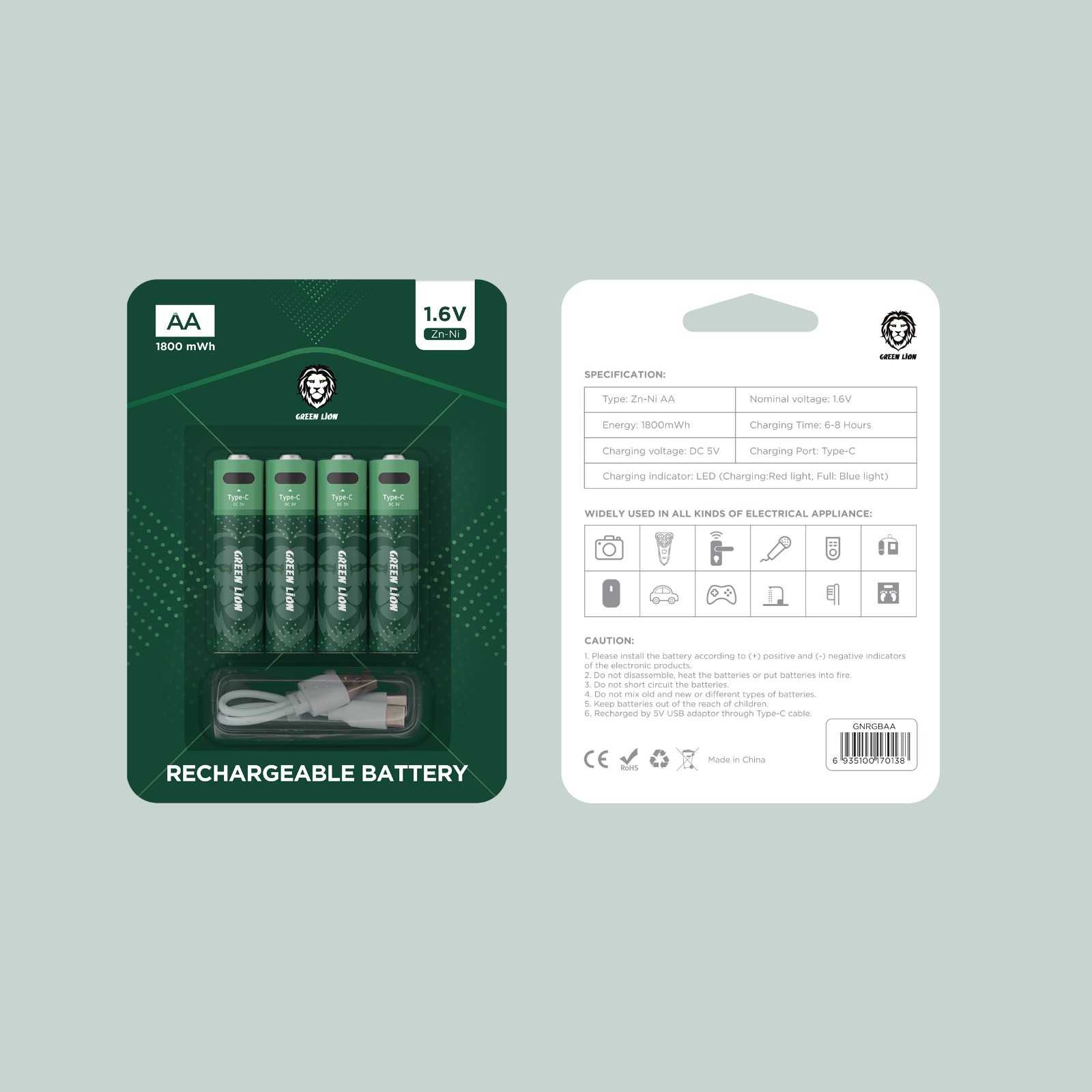 Green Lion Rechargeable Battery AA ( 4pcs/pack ) 1800mWh / 1.6V - Green