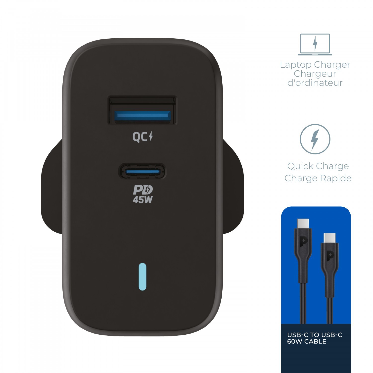 Powerology Dual Port Ultra-Quick GaN Charger QC3.0 + PD 45W with USB-C to USB-C 60W Cable - Black