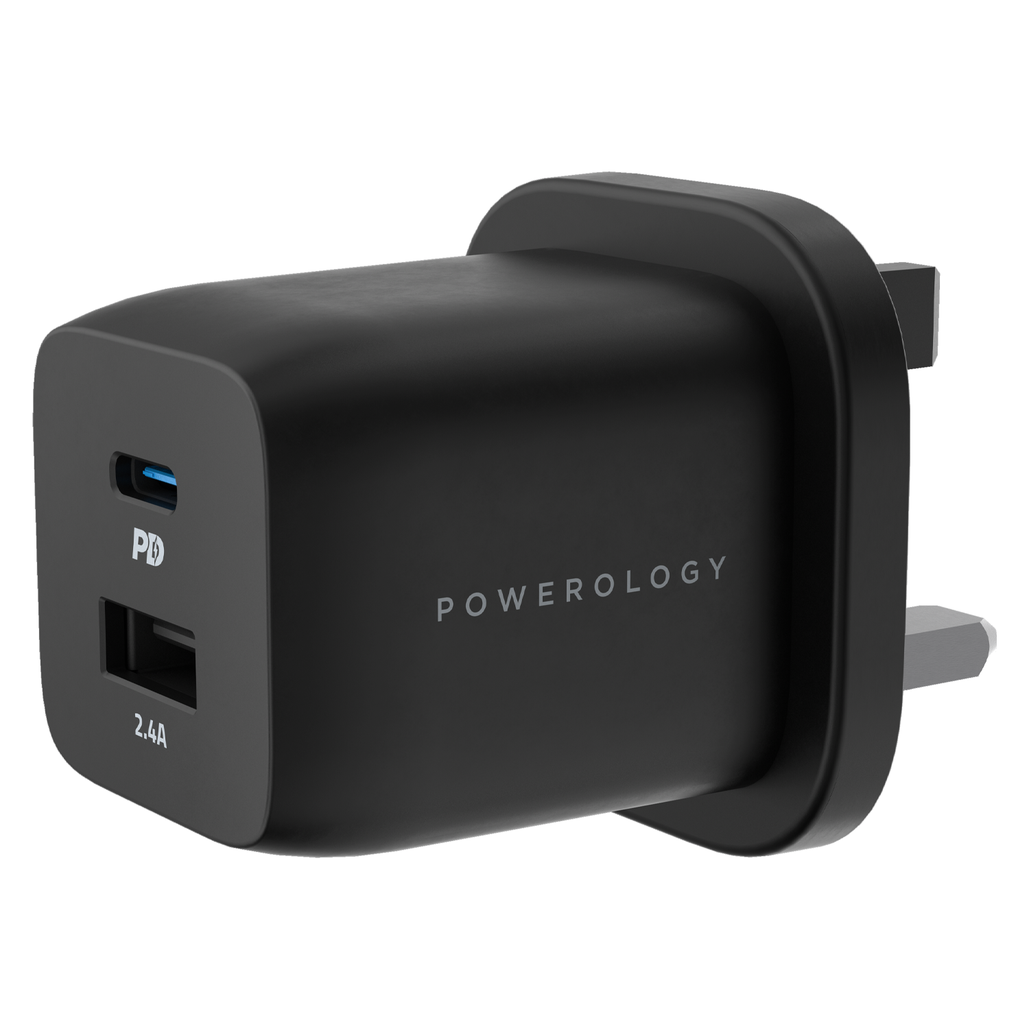 Powerology Dual Port Ultra-Compact Quick GaN Charger USB-A 2.4A + PD 20W with USB-C to L