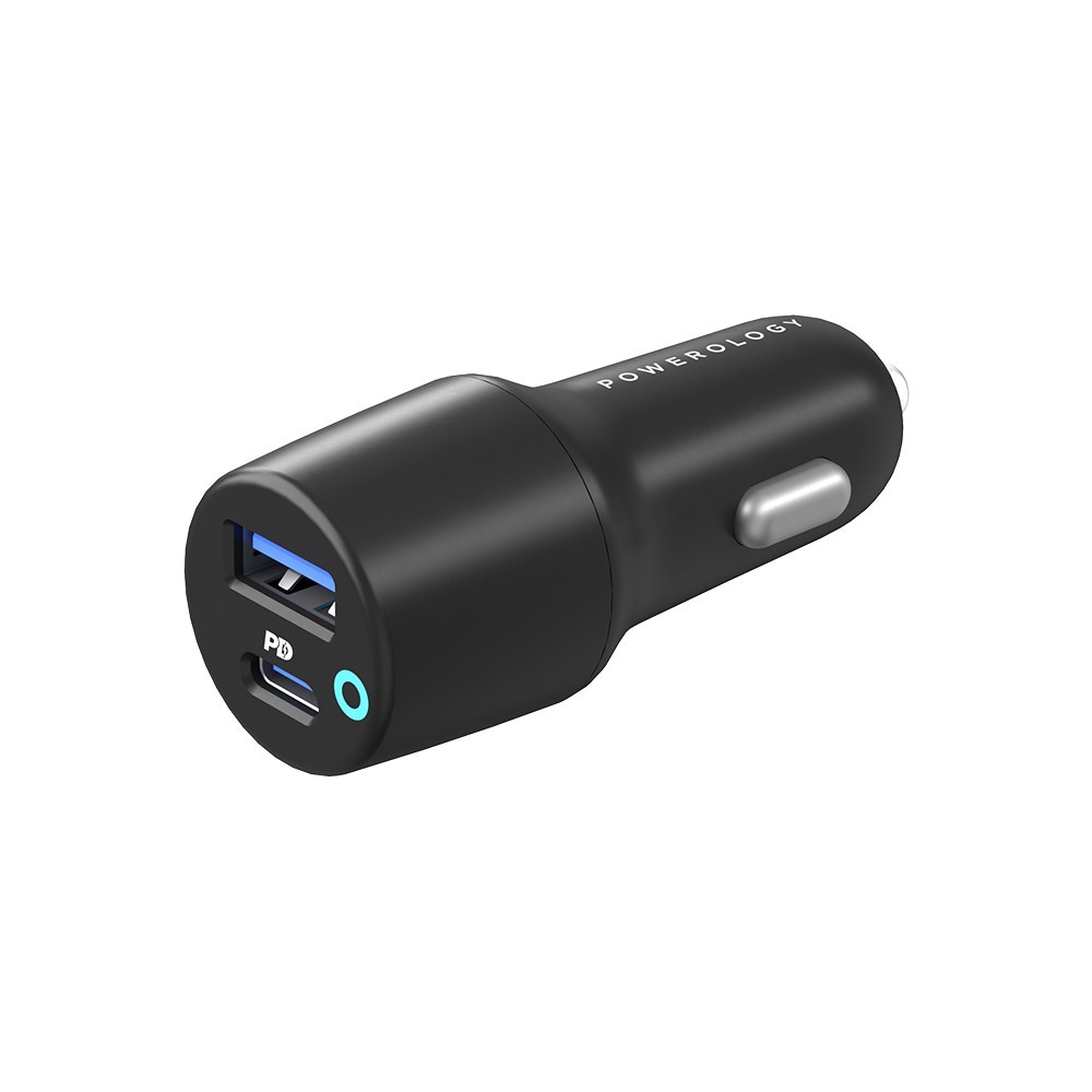 Powerology Dual Port LED Car Charger PD 35W+QC 18W with Type-C to Type-C Cable 0.9M 3A