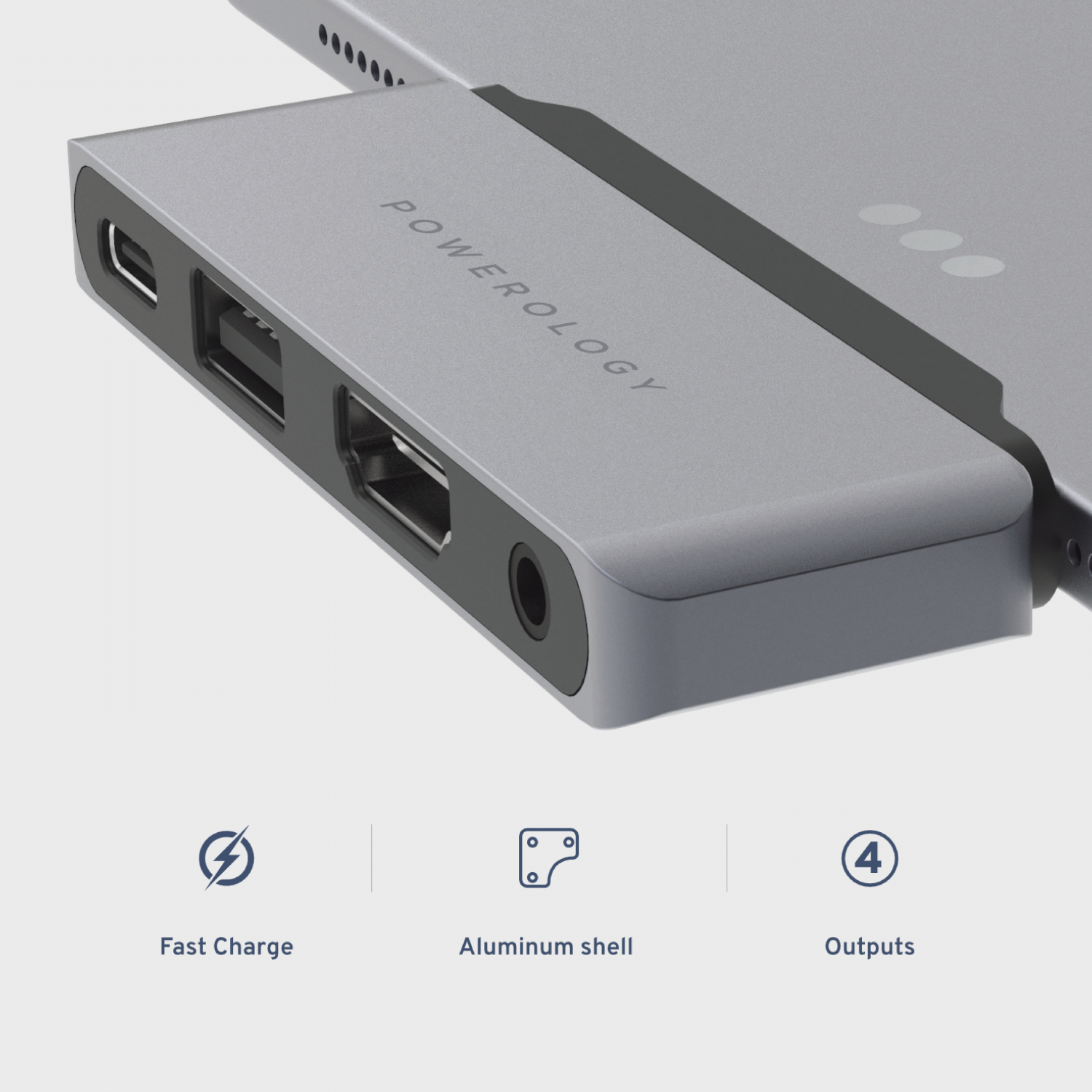 Powerology 4 in 1 USB-C Hub with HDMI USB Aux - Gray