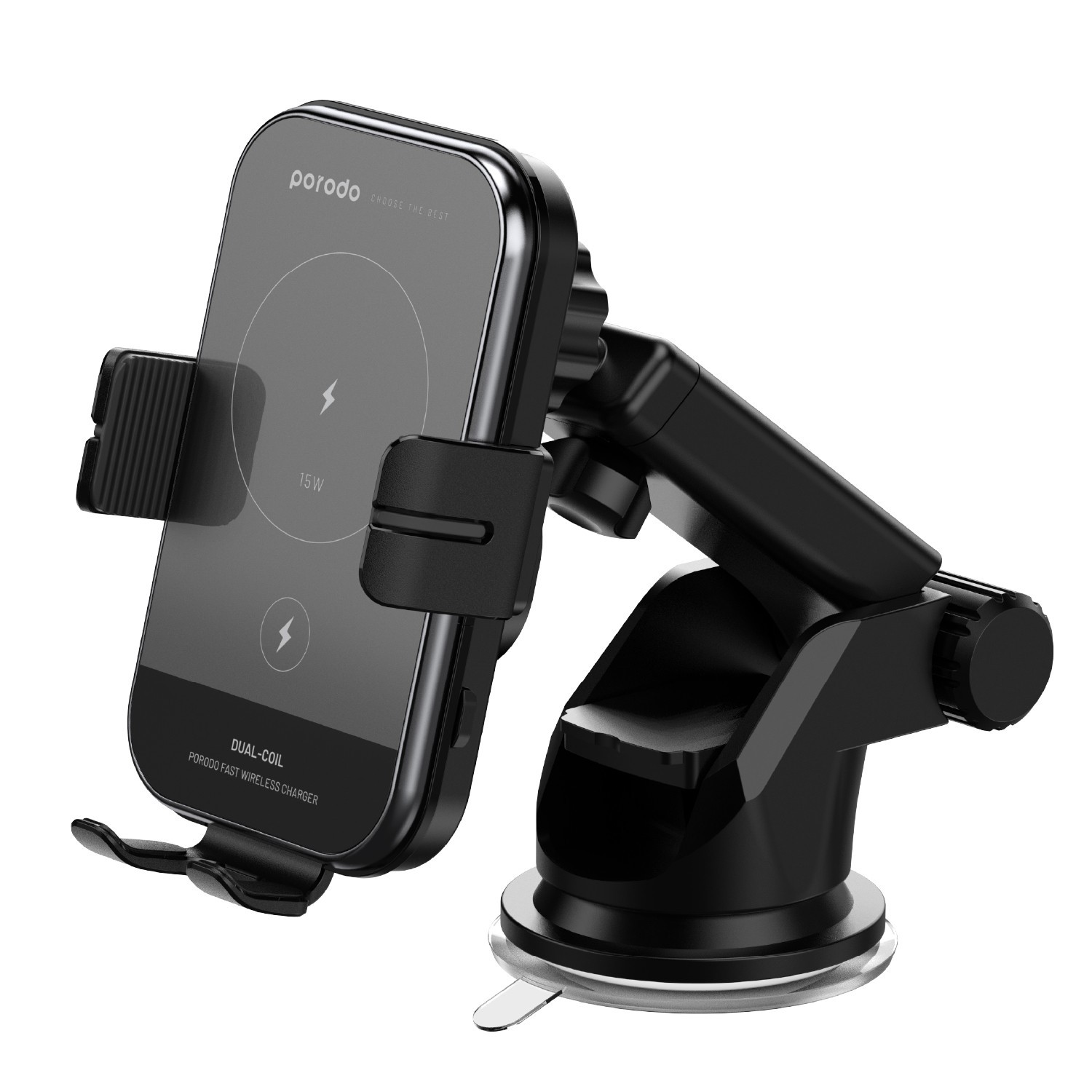 Porodo 3 in 1 Dual Coil Car Charger Mount QC3.0 with Fast Wireless Charger 15W - Blac