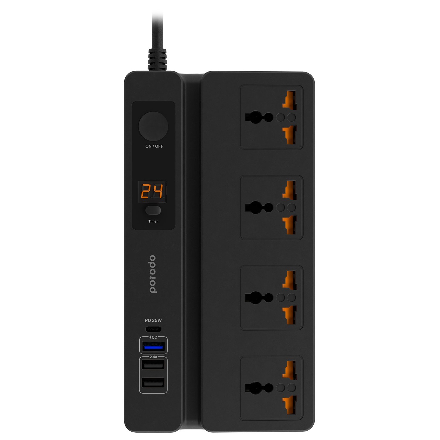 Porodo 4 AC 3 USB & USB-C PD 35W Multiport Socket 3M 3000W UK - Black