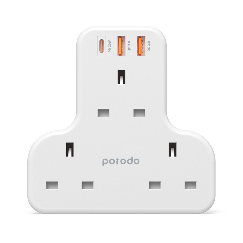 Porodo 3 AC 2 USB-A QC3.0 & USB-C PD 20W Multiport Wall Socket 3250W UK - White