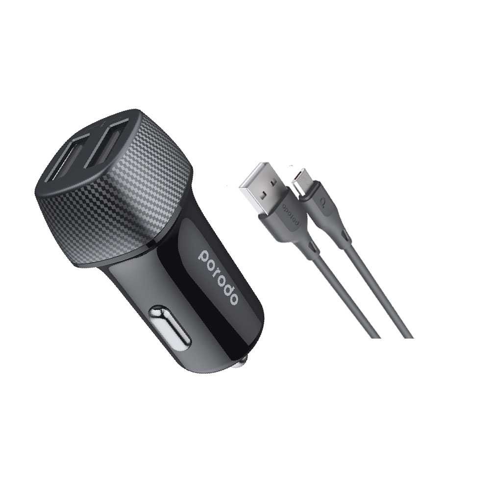 Porodo Dual Port Car Charger 3.4A with Micro USB Cable 0.9M - Black