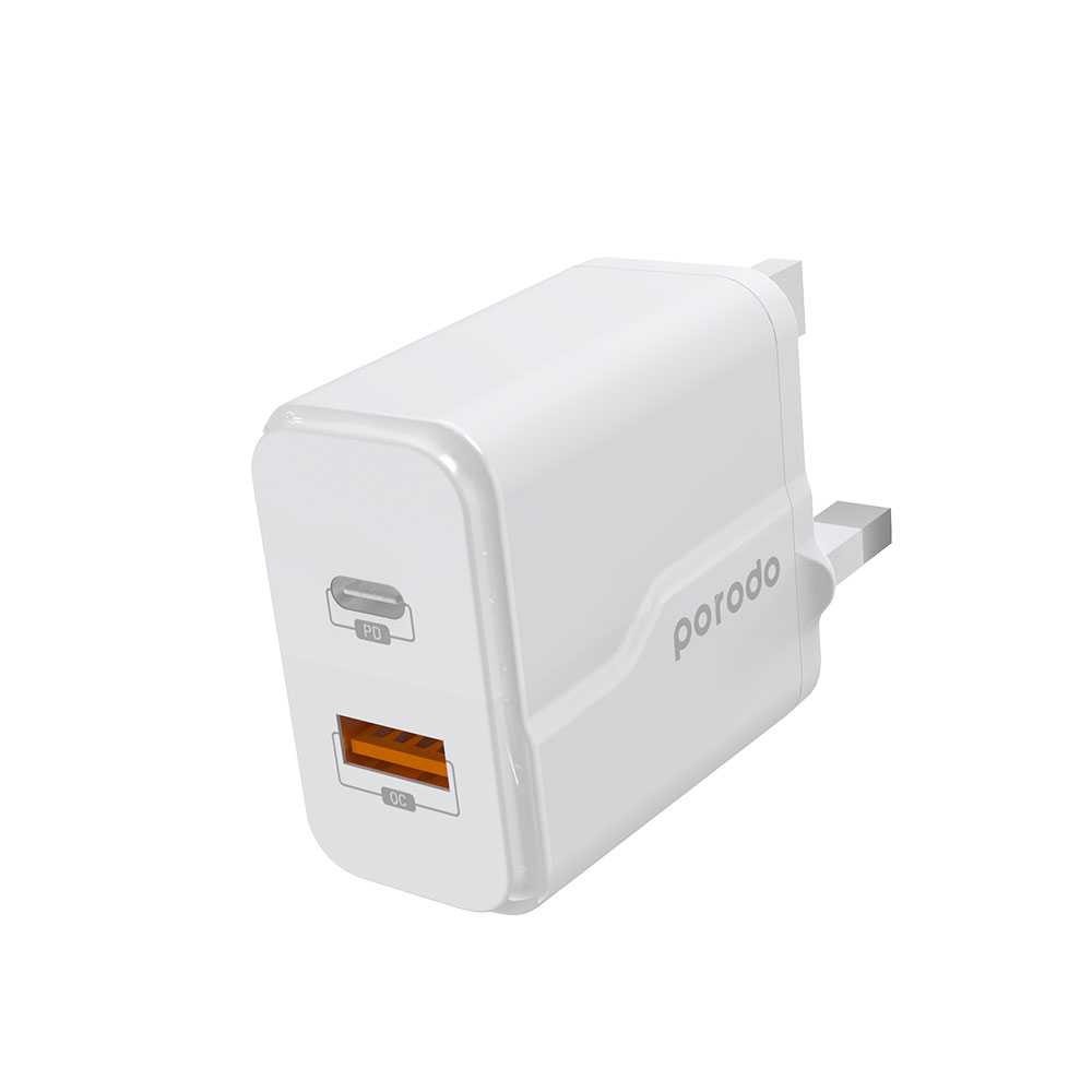 Porodo Dual Port Wall Charger PD 18W + QC3.0 UK with Braided Type-C to Lightning PD C