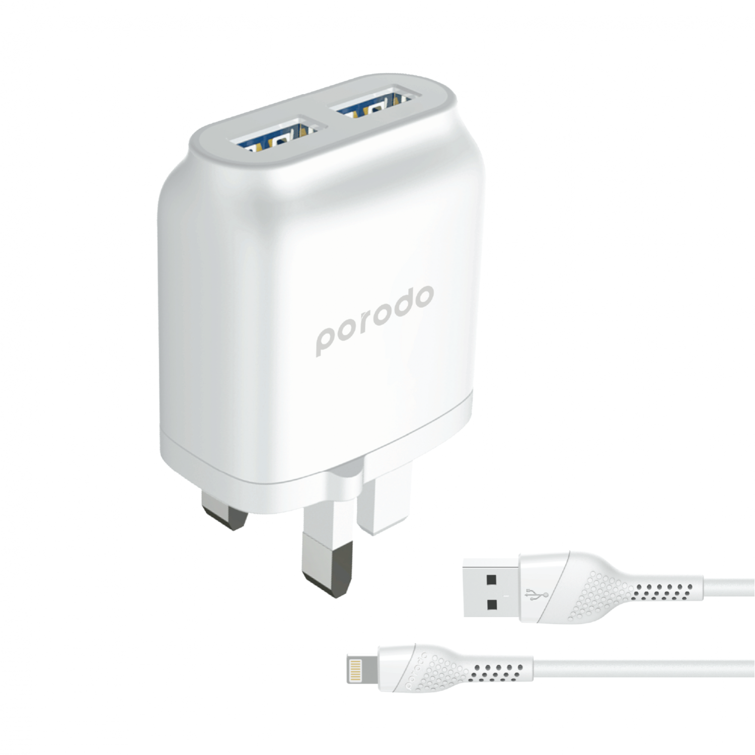 Porodo Dual USB Wall Charger 2.4A with Improved Version PVC Lightning Cable 1.2m - W