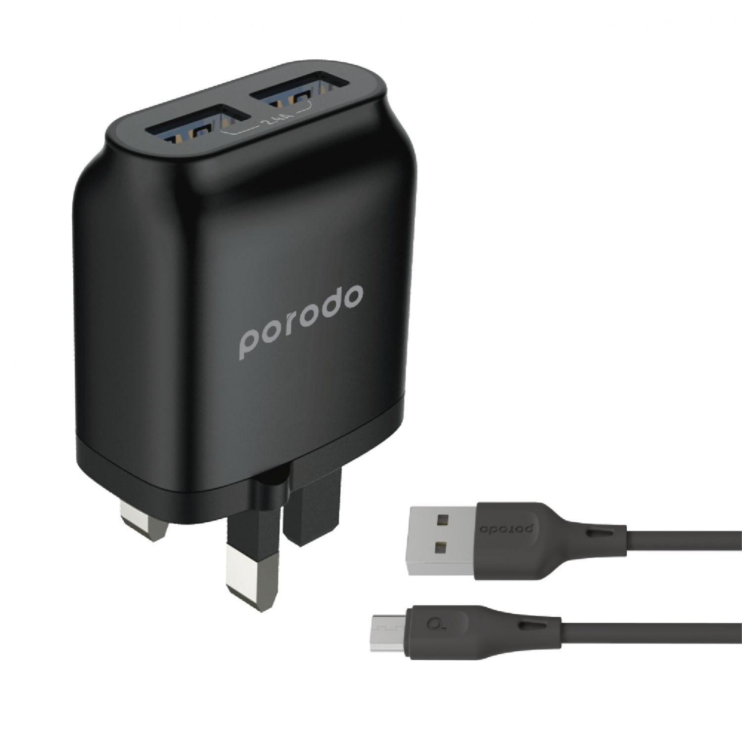 Porodo Dual USB Wall Charger 2.4A with Improved Version PVC Micro USB Cable 1.2m - B