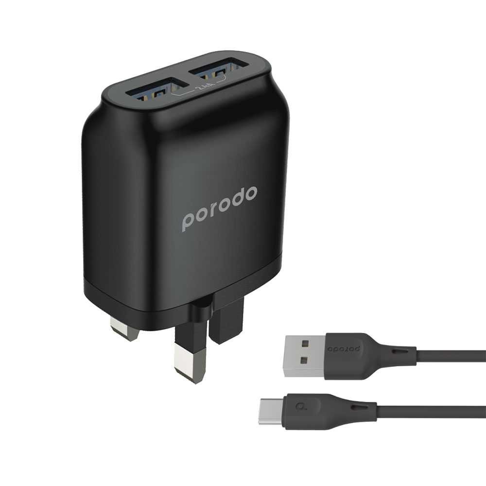 Porodo Dual USB Wall Charger 2.4A with Improved Version PVC Type-C Cable 1.2m - Blac