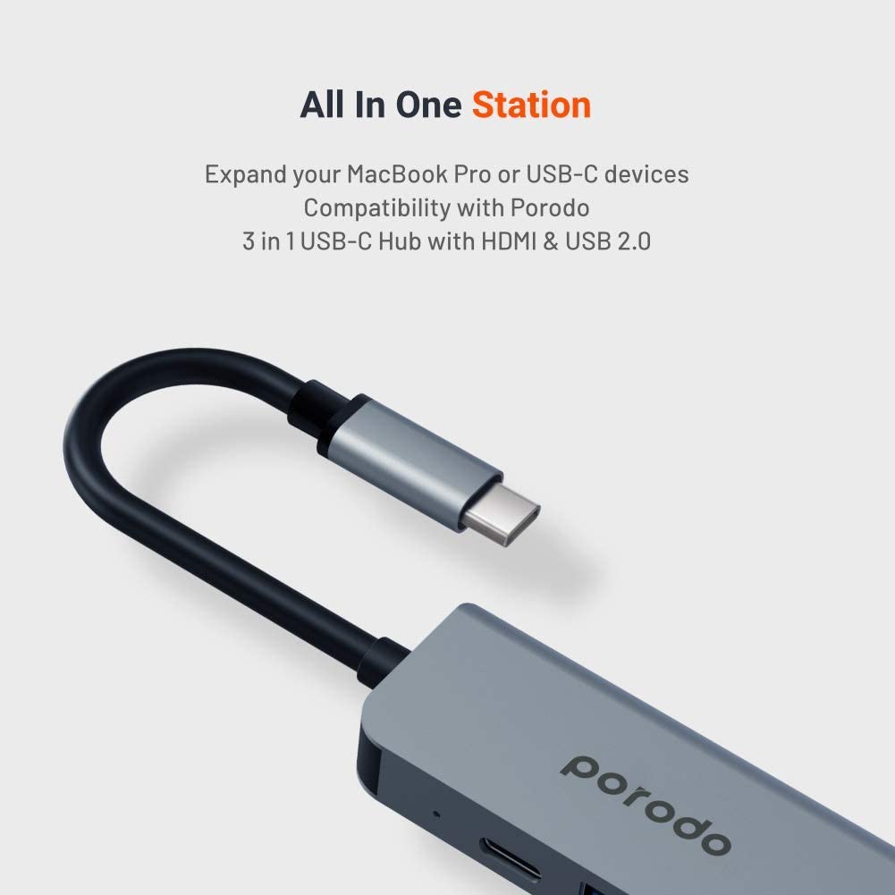 Porodo 3 in 1 Aluminum USB-C Hub 4K HDMI PD 87W - Gray