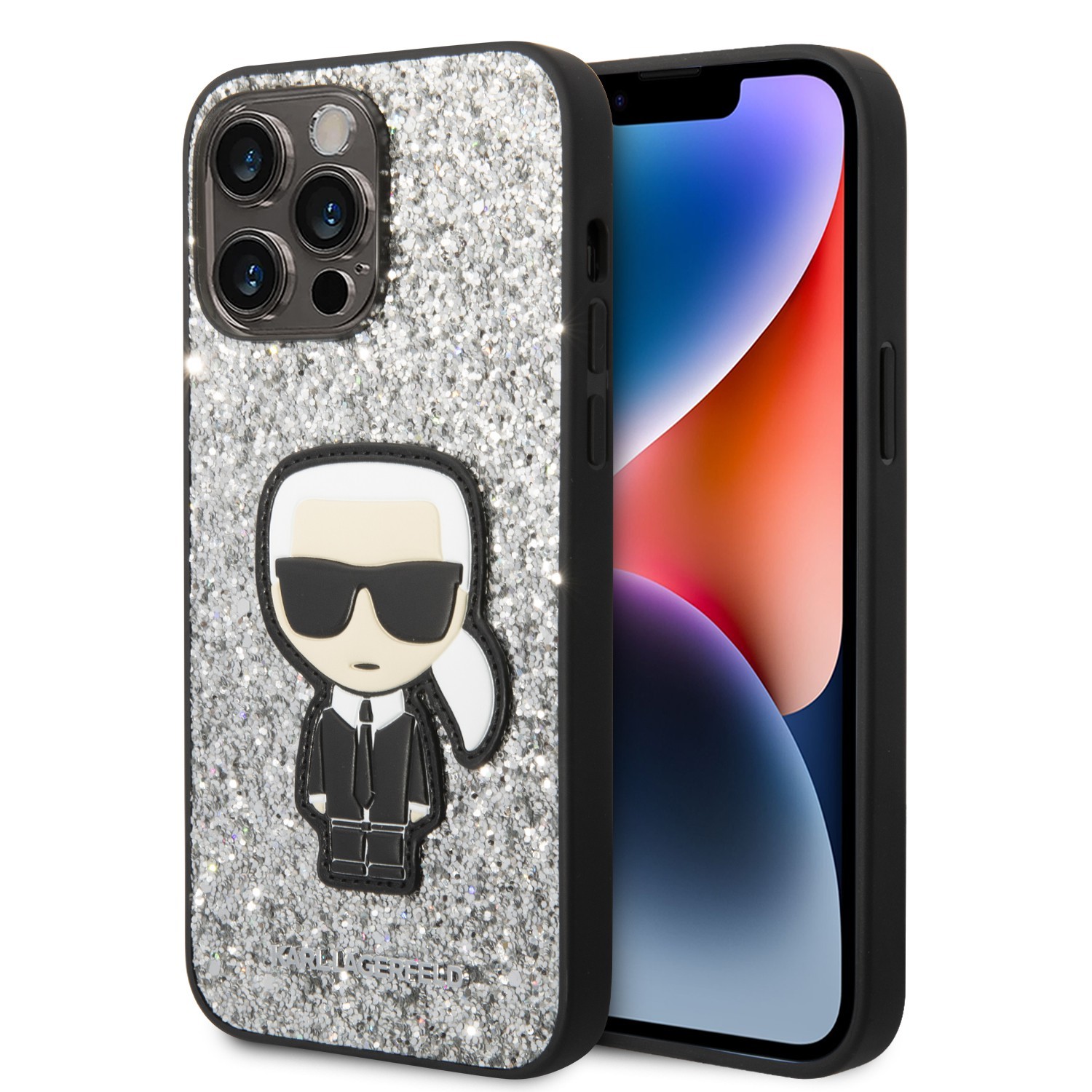 Karl Lagerfeld Glitter Flakes Case With Ikonik Patch For iPhone 14 Pro Max - Silver