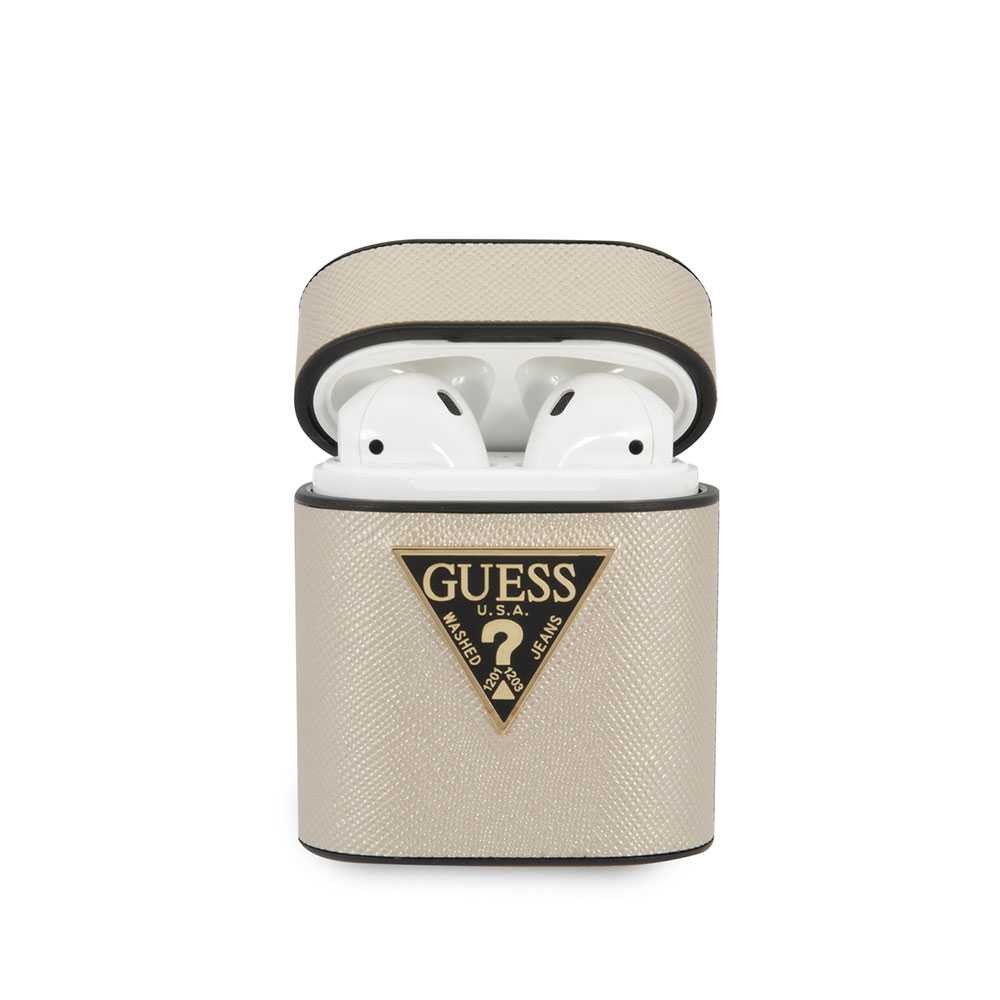 Guess PU Saffiano Round Shape Case with Metal Logo for Airpods 1/2 - Beige