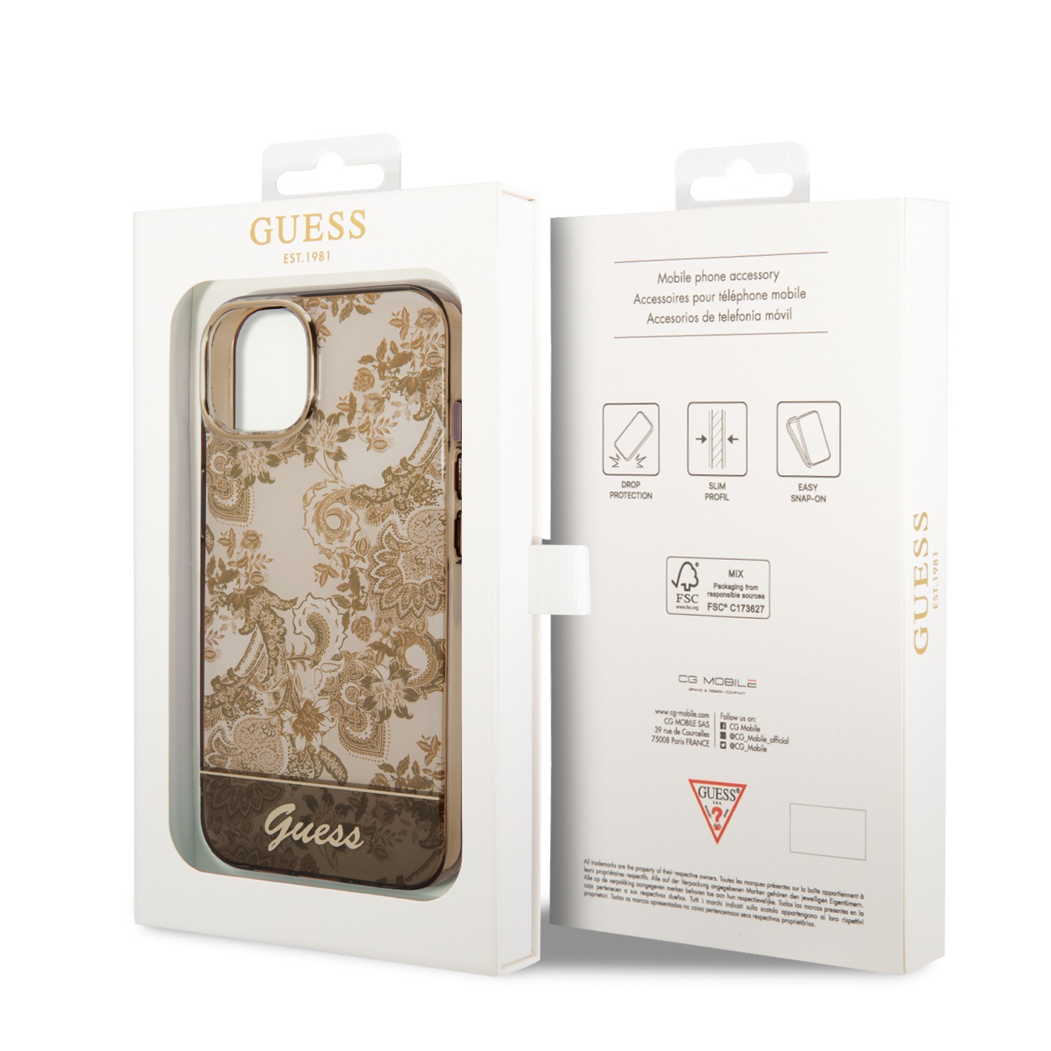 Guess PC/TPU IML Case with Double Layer Electroplated Camera Outline & Toile De Jouy iPhone 14 Compatibility - Ochre