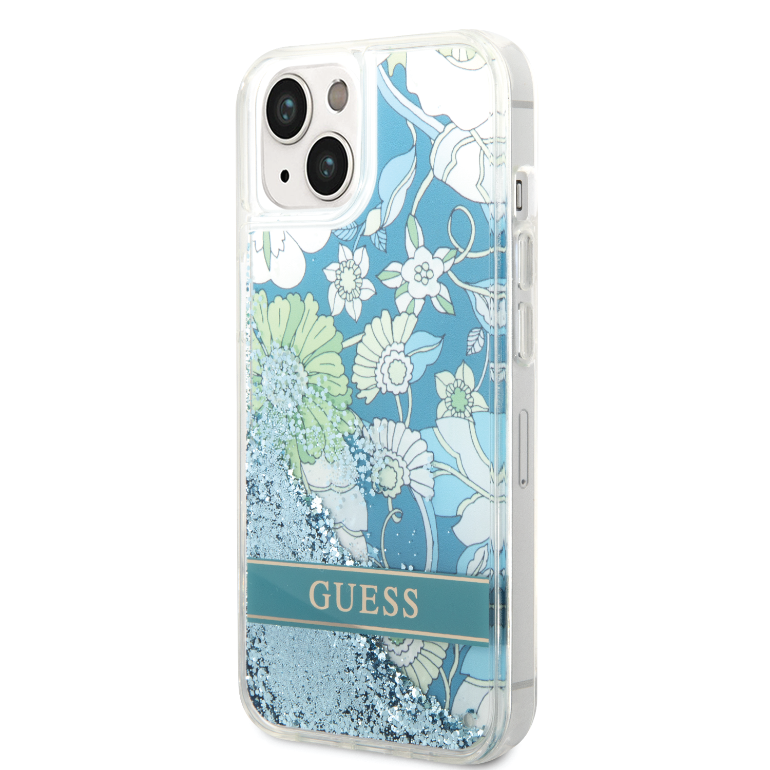 Guess Liquid Glitter Case With Flower Pattern For iPhone 14 - Green