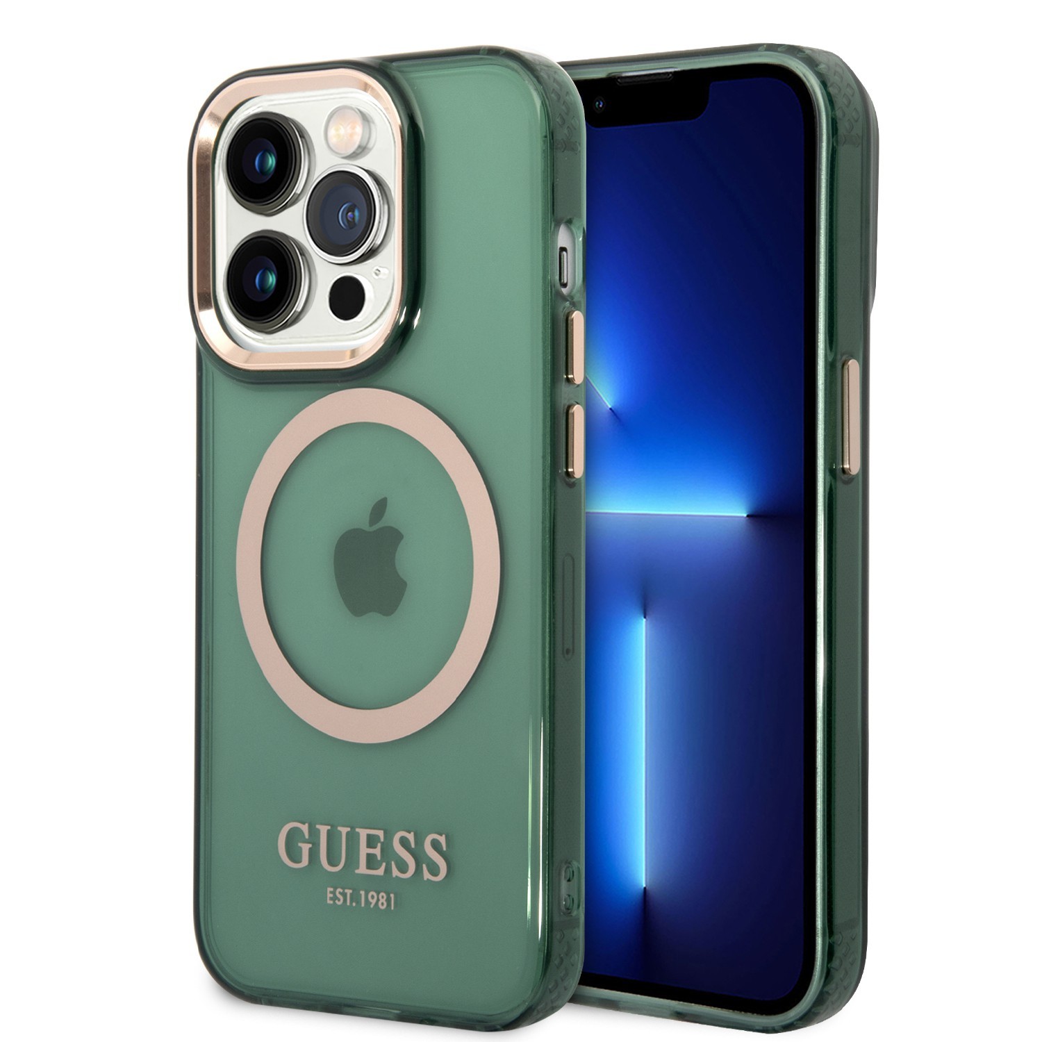 Guess Magsafe Case With Translucent Gold Outline For iPhone 14 Pro - Kaki