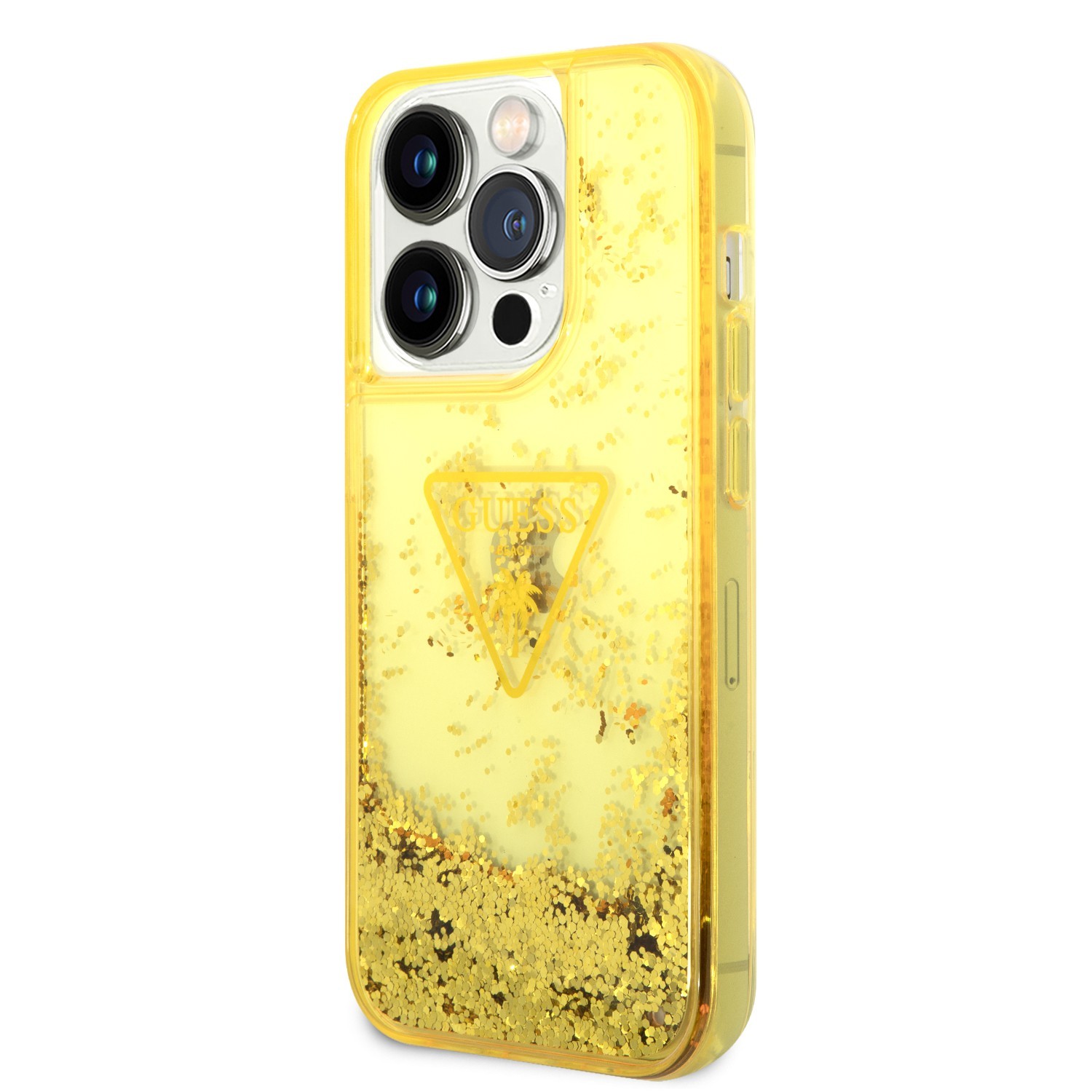 Guess Liquid Glitter Case With Translucent Triangle Logo For iPhone 14 Pro - Yellow