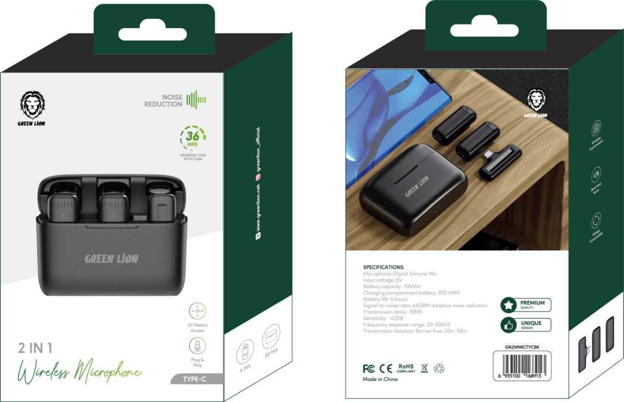 Green Lion 2 in 1 Wireless Microphone ( Type-C Connector ) - Black