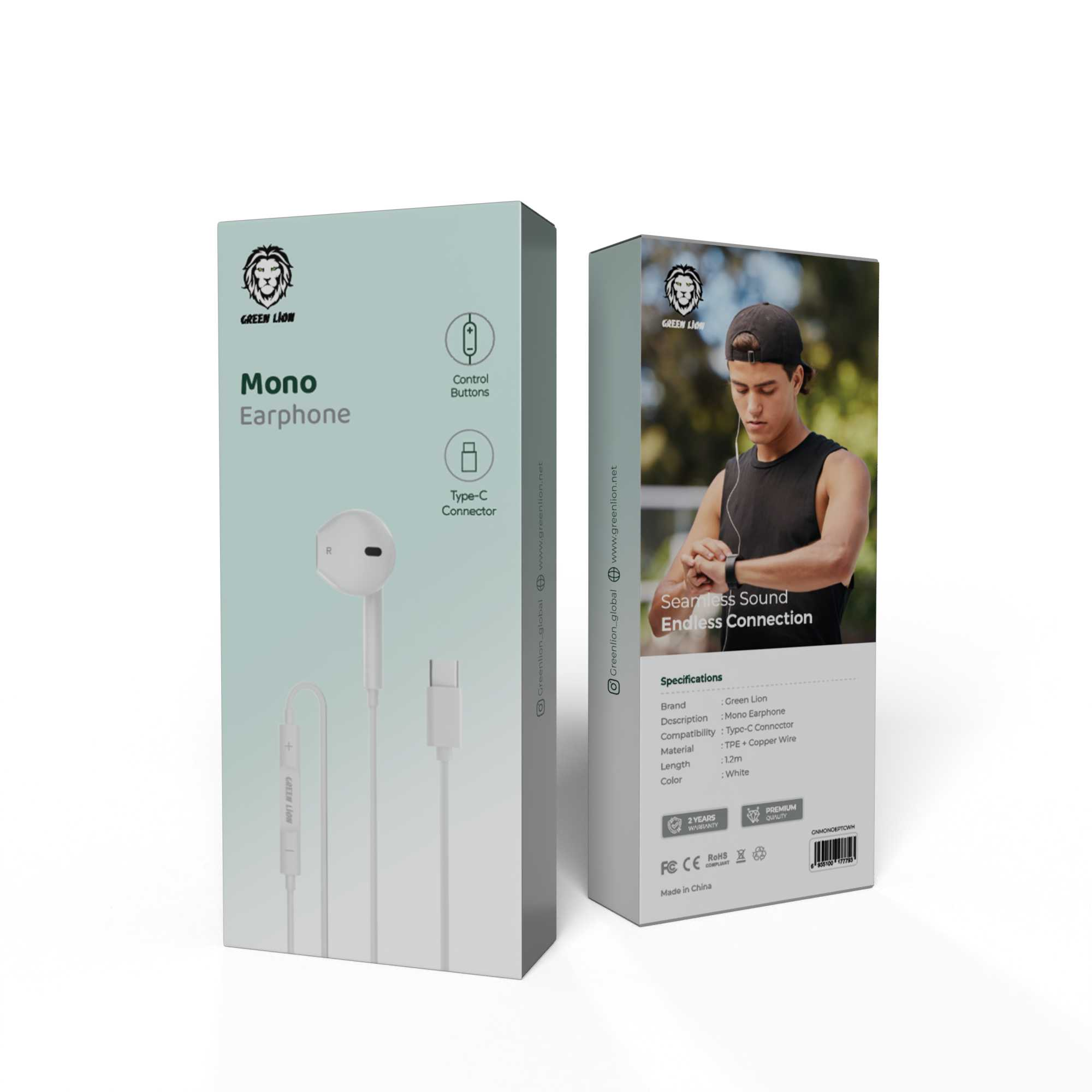 Green Lion Wired Mono Earphones with Type-C Connector - White