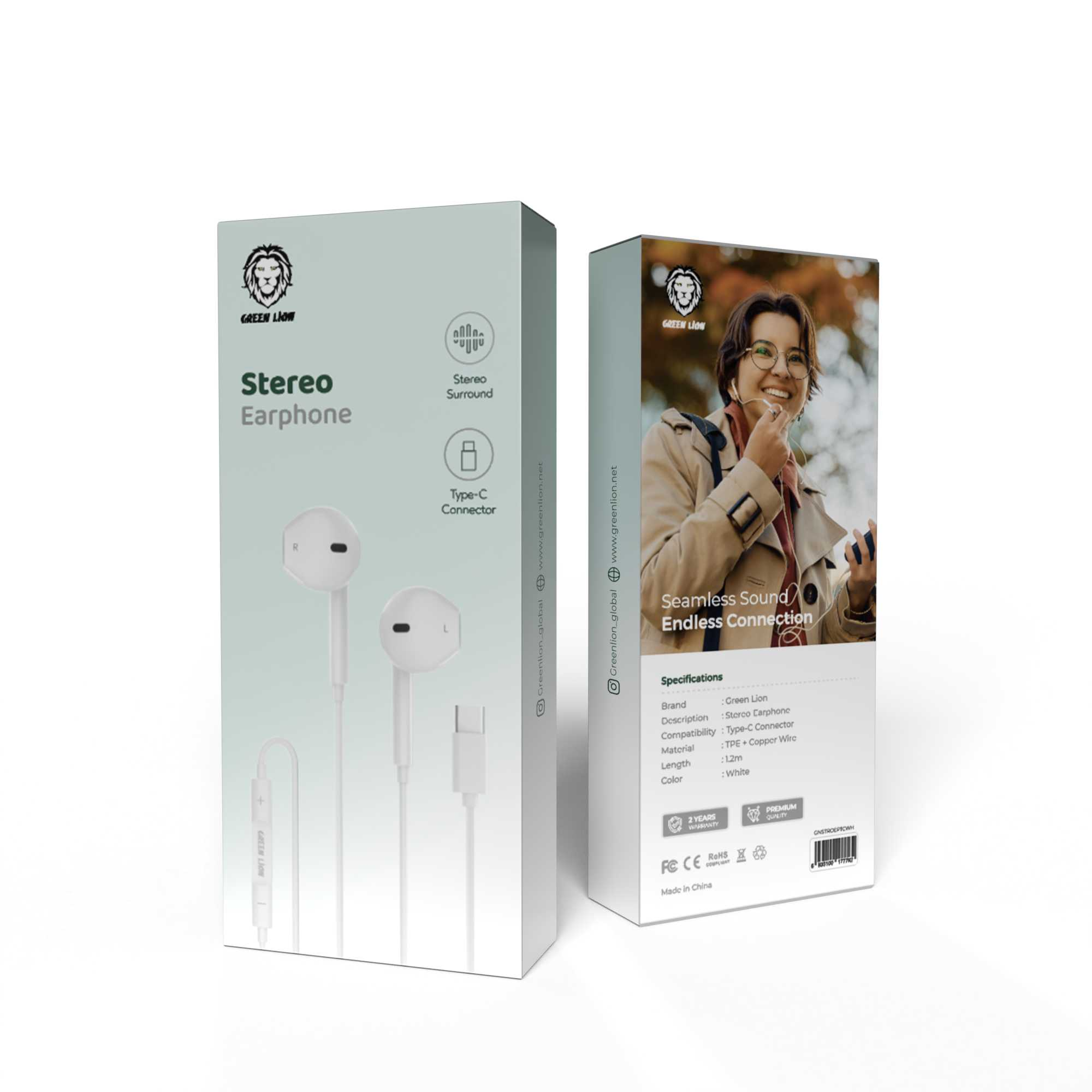 Green Lion Wired Stereo Earphones with Type-C Connector - White