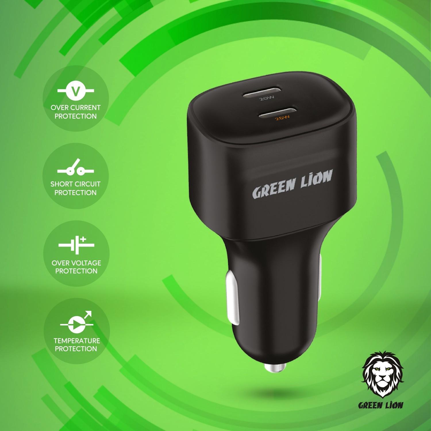 Green Dual Port USB-C Car Charger 45W - Black