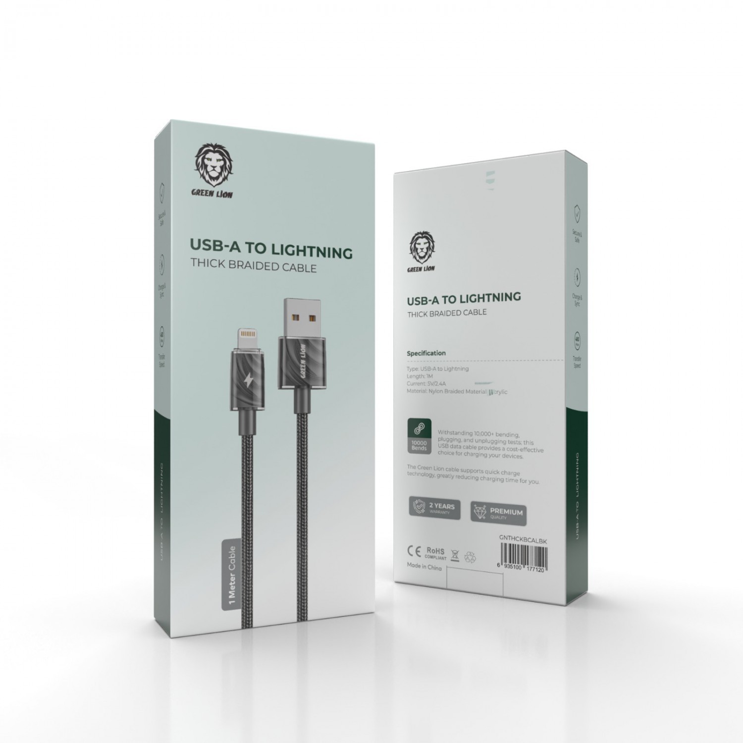 Green Lion USB-A to Lightning Thick Braided Cable 1M - Black