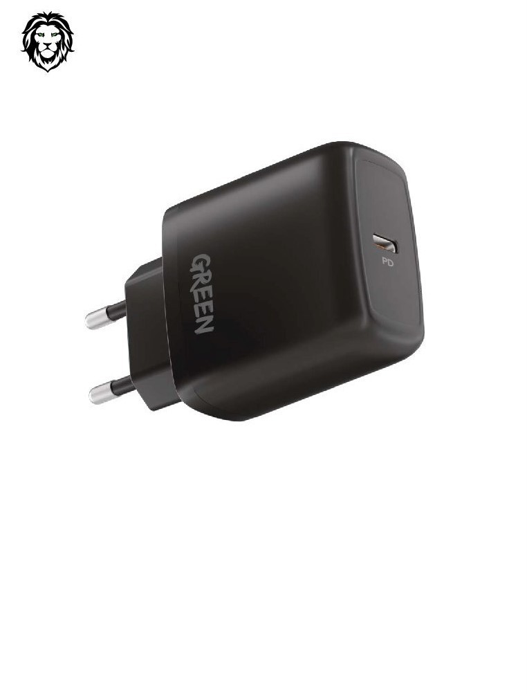  Green Type-C Port Wall Charger 20W EU with PVC Type-C to Type-C Cable 1.2M - Black