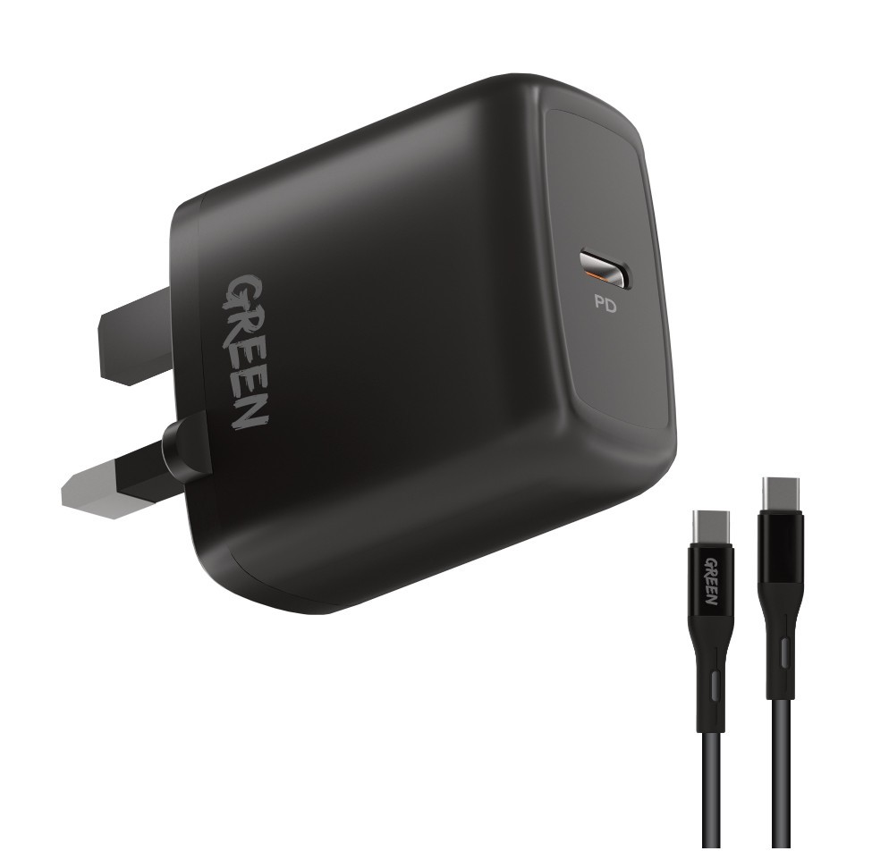 Green Type-C Port Wall Charger 20W UK with PVC Type-C to Type-C Cable 1.2M - Black