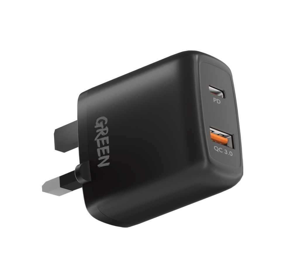  Green Dual USB Port Wall Charger PD+QC3.0 20W UK - Black