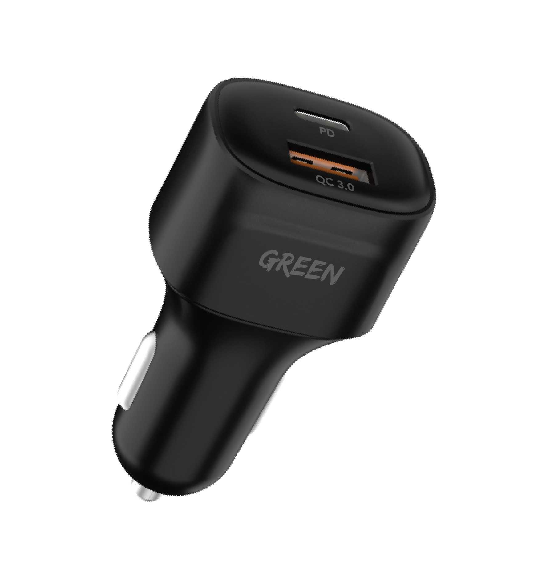 Green Lion Dual Port Car Charger PD+QC3.0 20W, Fast Charging, Ultra-Fast Sync Charge Cable - Black